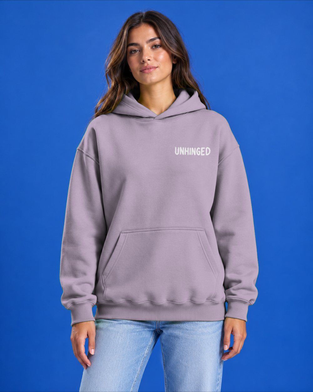 Mr Unhinged — Dusty Lilac heavyweight hoodie, front view