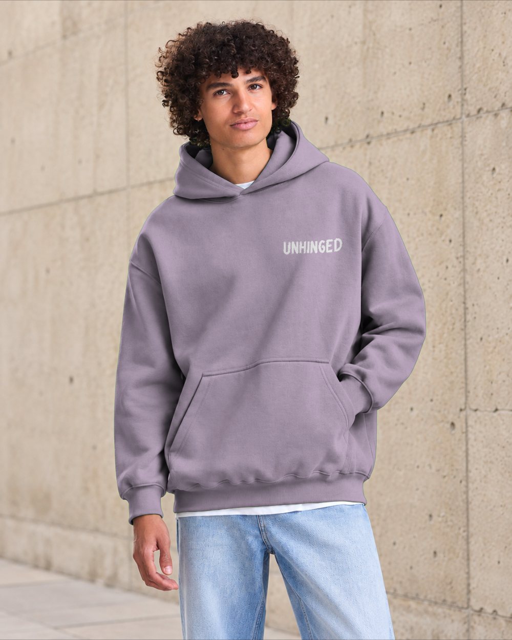 Mr Unhinged — Dusty Lilac heavyweight hoodie, urban view